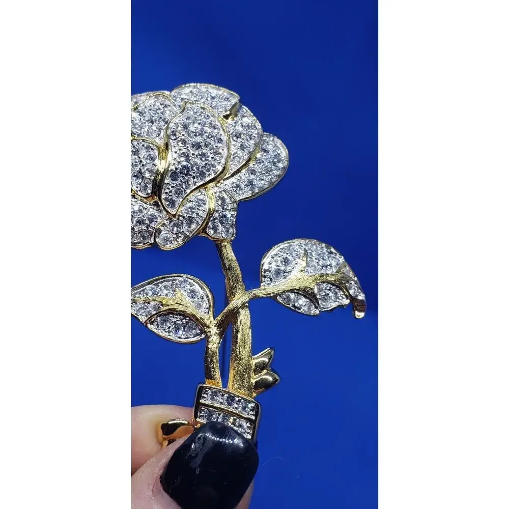 VINTAGE Nolan Miller Glamour Collection Roses Flower Brooch Rhinestone Pave Big